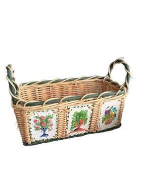 Vintage Woven Wicker Basket with Hand-Painted Floral Ceramic Tiles